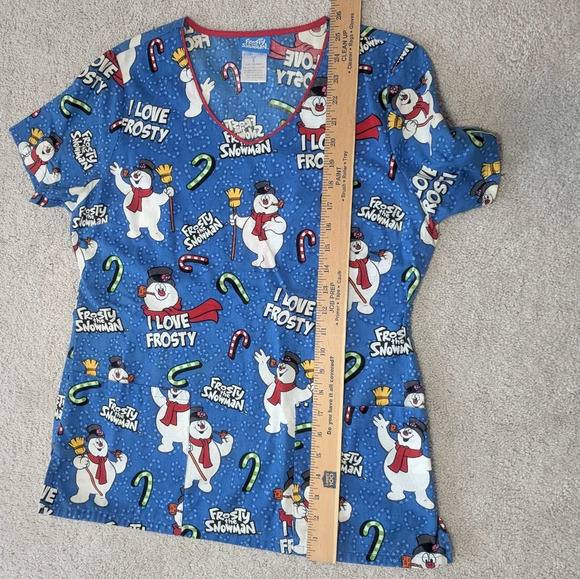 Frosty the Snowman Scrub Top Women's Size Small Blue Frosty Cotton Pockets - Picture 6 of 6